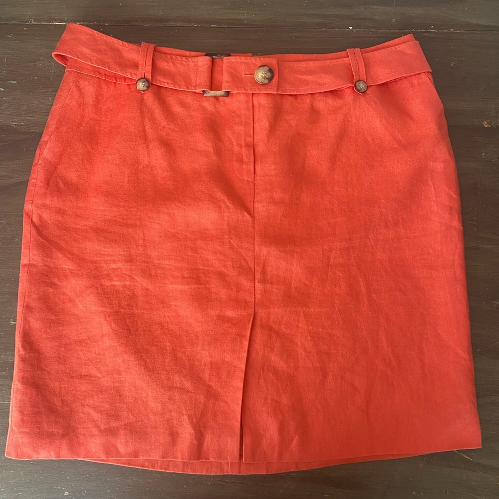 Talbots Coral Pink Linen Knee Length Belted Skirt with Tortoise Shell Accents